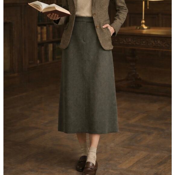 Vintage Country Shop Wool Blend Midi Skirt Gray Olive Green Size 12 - Picture 6 of 6